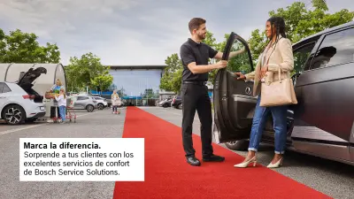 Una señora sale de su coche con un bolso colgado del brazo. Un conserje le abre la puerta. La escena tiene lugar en el aparcamiento de un supermercado, y en el aparcamiento se pueden ver otras personas.