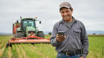 A farmer stands in a field, smiling and looking at his smartphone. A tractor with a combine harvester can be seen in the background.