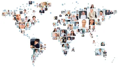 Sketch of a world map with pictures of different people