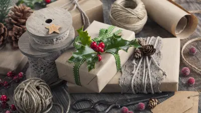 Environmentally friendly wrapped gifts with wrapping paper and cord.