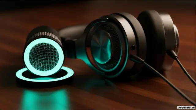 Close-up auf Kopfhörer, umhüllt von einem digitalen blauen Element