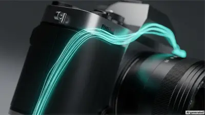 Close-up auf eine Kamera, umhüllt von einem digitalen blauen Element 