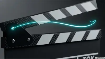 Close-up auf eine Filmklappe, umhüllt von einem digitalen blauen Element 