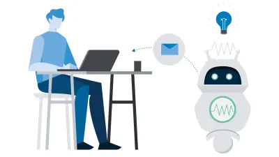 Illustration of a person sitting at a desk in front of their computer. In front of them you can see a stylized bot.