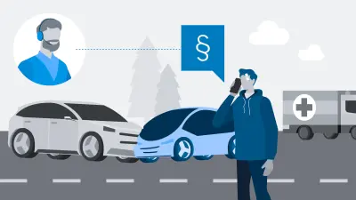 Ilustración: Se ve a un hombre de pie frente a una escena de accidente de dos vehículos, que está en el teléfono. En una burbuja, un empleado de un centro de servicio puede ser visto. 