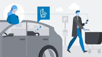 Illustration des Child Presence Detection Service. Man sieht eine Frau in einer Sprechblase, sowie einen Mann der mit einem Kinderwagen von einem Fahrzeug wegläuft. 