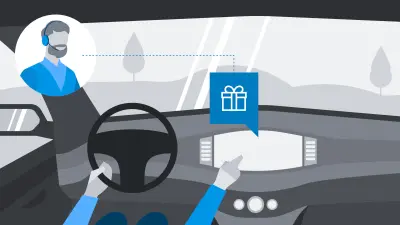 Ilustración del servicio de conserjería: Puede ver los brazos y las manos de una persona en el volante que opera la pantalla en el centro del automóvil. En una burbuja de discurso para ver a un empleado del centro de servicio. 