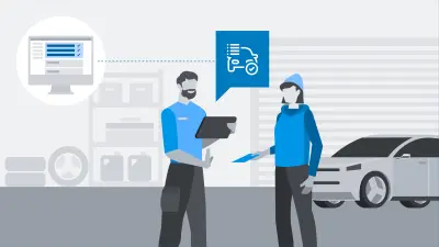 Ilustración: Se ve a un empleado de un taller sosteniendo una tableta en la mano. A su lado hay un cliente que quiere darle un documento. 