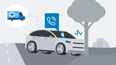 Illustration des eCall Service. Man sieht ein Fahrzeug, welches gegen einen Baum gefahren ist. In einer Sprechblase ist ein Rettungswagen zu sehen. 