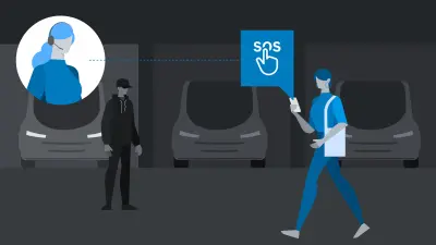 Illustration des Emergency Assistance Service. Man sieht eine Frau mit einem Smartphone, die durch eine dunkle Tiefgarage läuft. Im Hintergrund ist ein dunkel gekleideter Mann zu sehen. 