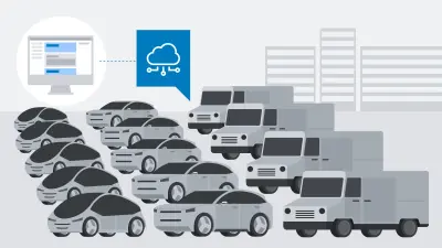 Ilustración en azul y gris. Se puede ver una flota de vehículos que consta de muchos vehículos en un estacionamiento. 