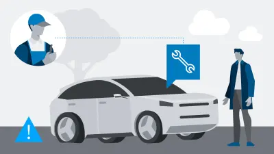 Illustration des Roadside Assistance Service. Man sieht einen Mann in einer Sprechblase, sowie einen Mann der vor seinem havarierten Fahrzeug steht. 