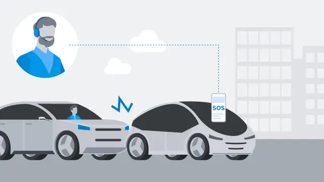 Illustration. Man sieht zwei Fahrzeuge nach einem Auffahrunfall. In einer Bubble ist ein Mitarbeiter eines Service Centers zu sehen. 