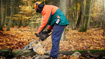 Lone worker for saw work in the forest, protected by Bosch GuardMe 