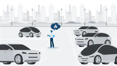 Infografik: eine Person steht auf einem Parkplatz mit verschiedenen Fahrzeugen.