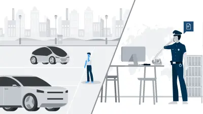 Infografik: eine Person steht auf einem Parkplatz mit verschiedenen Fahrzeugen. In der rechten Hälfte des Grafik ist ein Polizist zu sehen, der telefoniert. 