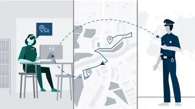 Infografik: ein Mitarbeiter im Service Center sendet Informationen zur aktuellen Position des Fahrzeugs an den Polizisten.