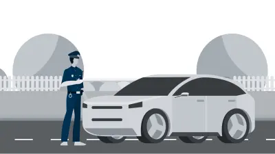 Infografik: Ein Polizist steht vor dem gestohlenen Fahrzeug.