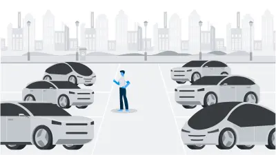 Infografik: eine Person steht auf einem Parkplatz mit verschiedenen Fahrzeugen.