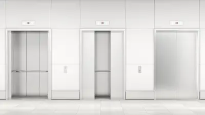 Three elevators in a row, the doors of the left one are open, the middle one is halfway closed and the right one is closed.