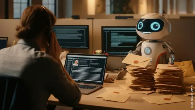 Ein Mann sitzt in einem Büro vor seinem Laptop. Neben ihm scheint ein Roboter seine Briefe zu sortieren. 