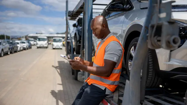 The driver of a car transporter is leaning against his truck trailer and writing something down on a clipboard. He is wearing an orange safety vest; other vehicles can be seen in the background.