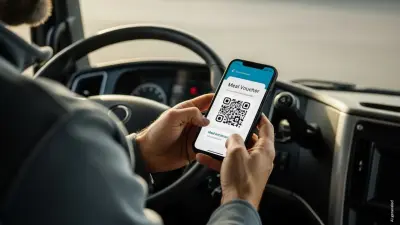 A truck driver sits behind the steering wheel of his cab and looks at his smartphone, which displays a QR code with the inscription: "Meal Voucher".