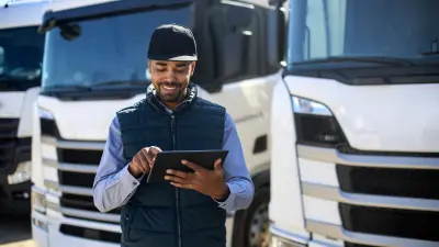 A truck driver looks at a tablet with a smile, various trucks can be seen in the background.